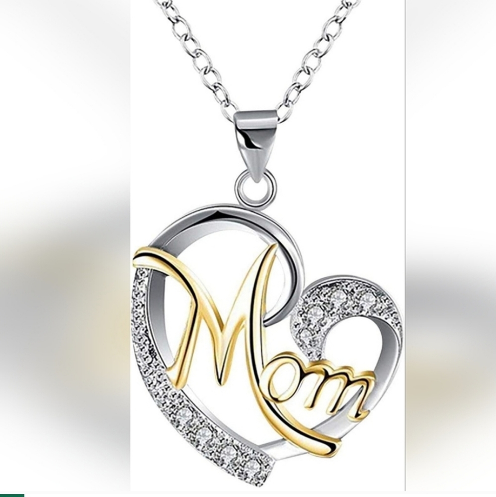 Mom Letter Heart Pendant Necklace Silvertone Goldtone CZ Stones New With Tags